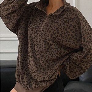 SHEIN Casual Zip Up Front Long Sleeve Leopard Print Sweatshirt